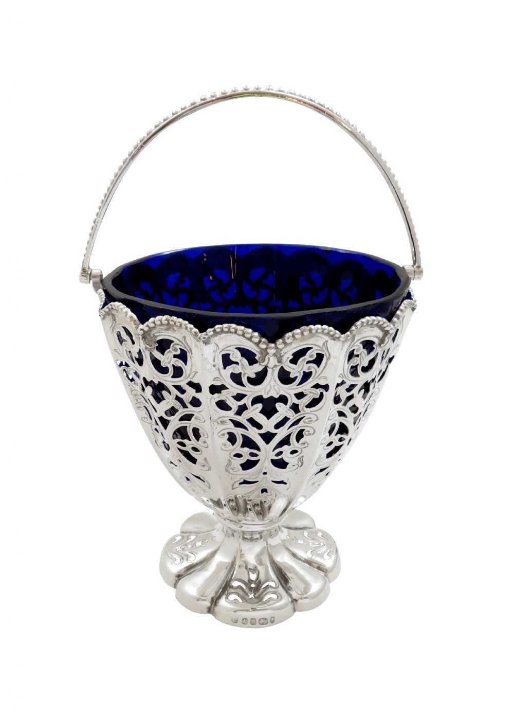 Antique Victorian Sterling Silver Basket with Blue Glass Liner 1869 View V