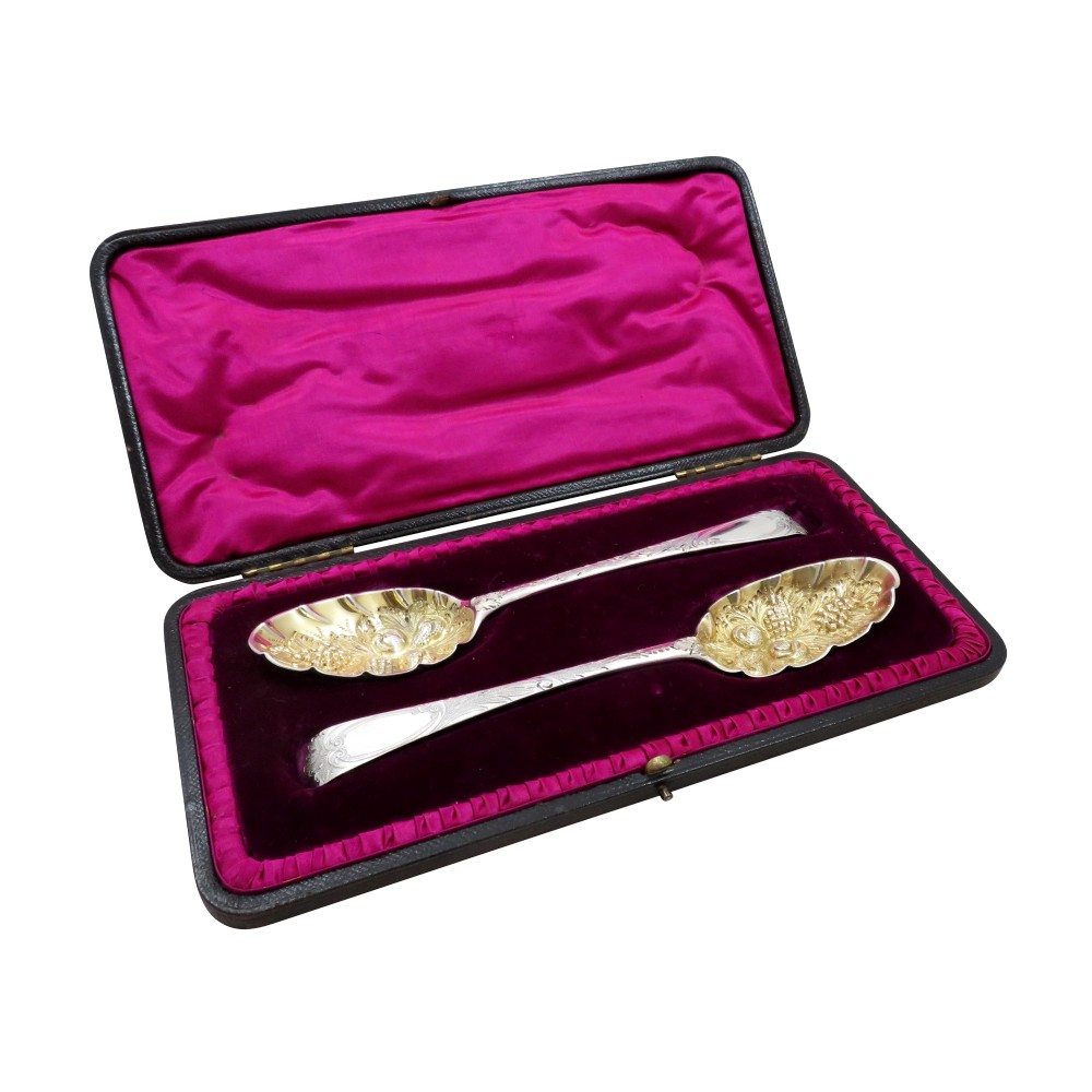 Pair of Antique Georgian Sterling Silver Berry Spoons in Case 1769