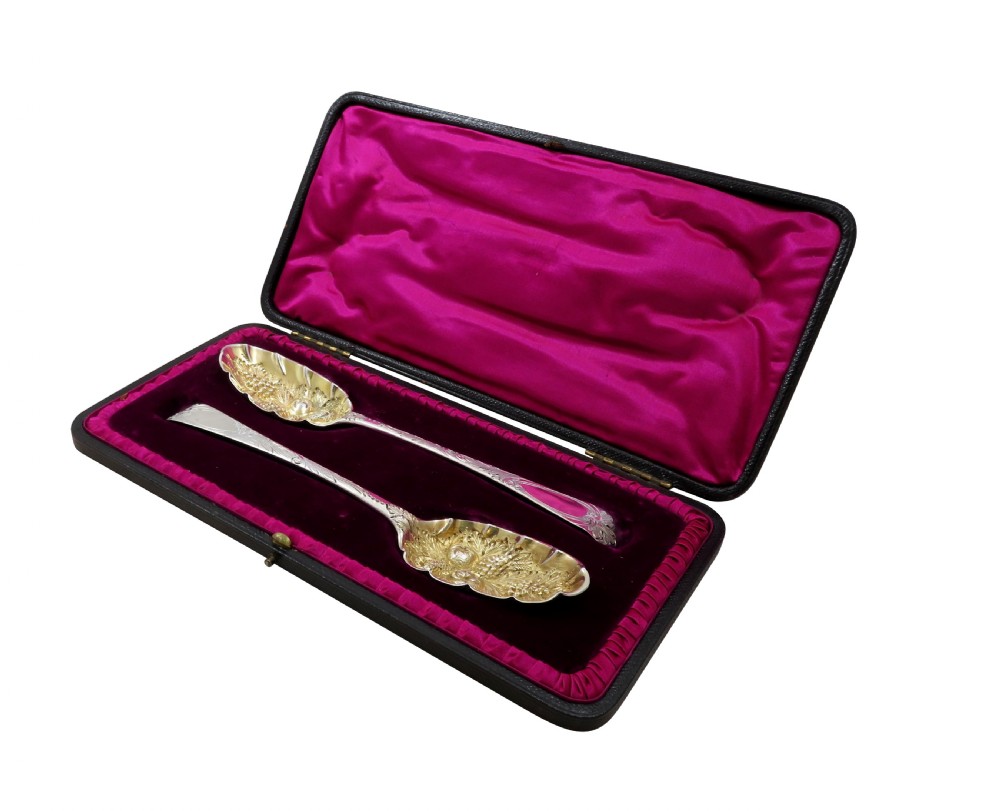 Pair of Antique Georgian Sterling Silver Berry Spoons in Case 1769 View X
