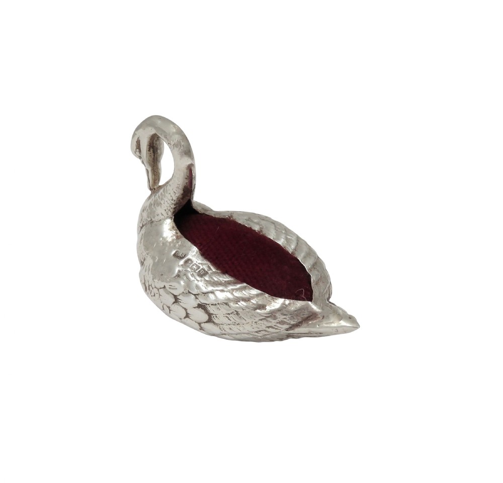 Antique Sterling Silver Swan Pin Cushion 1921 View IV