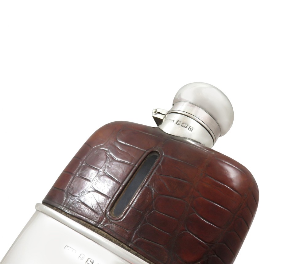Antique George V Sterling Silver & Crocodile Leather Hip Flask 1912 View III
