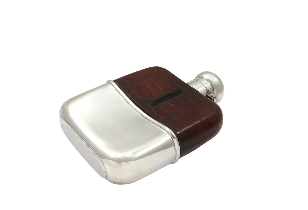 Antique George V Sterling Silver & Crocodile Leather Hip Flask 1912 View VIII