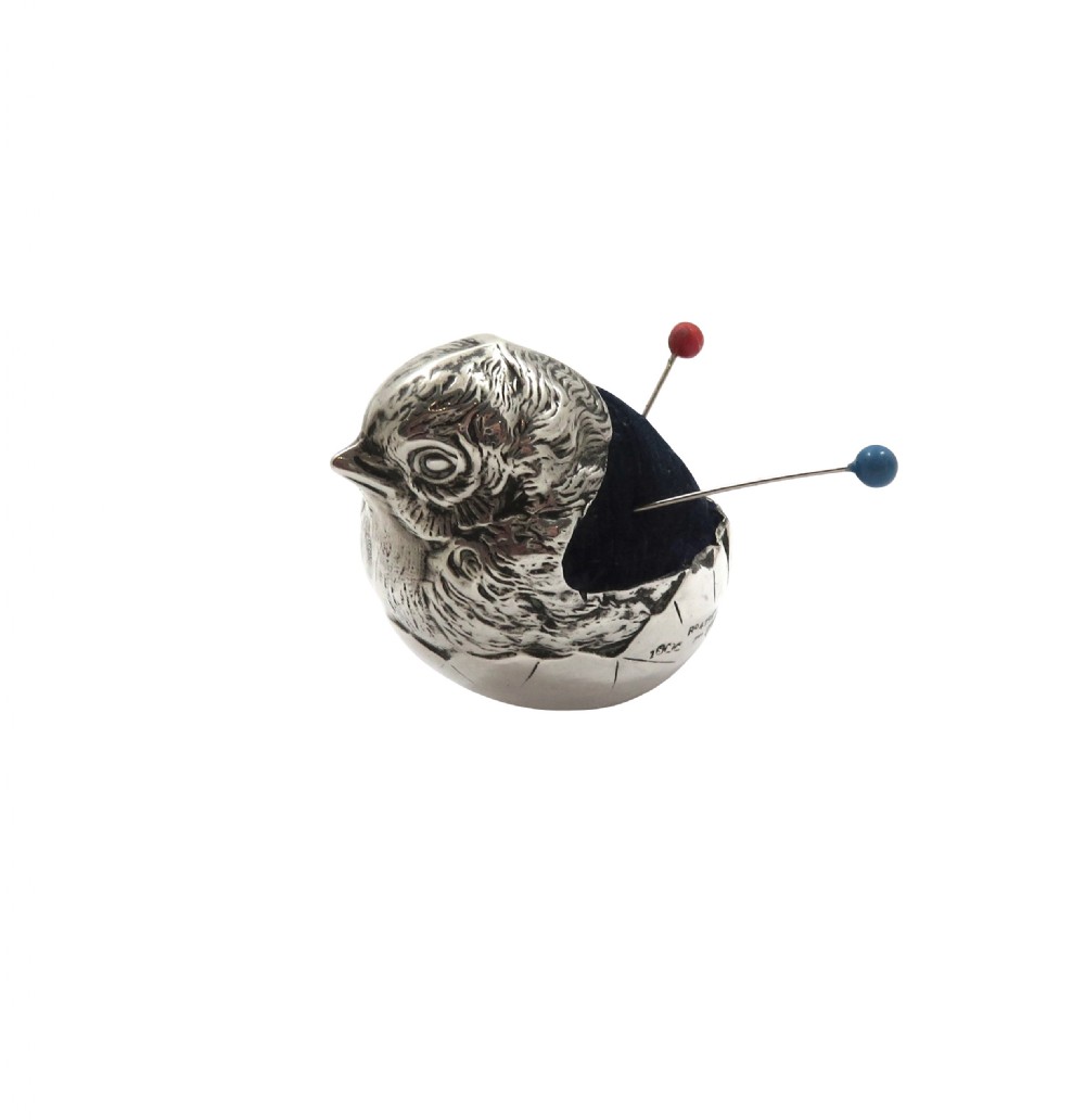Antique Edwardian Sterling Silver Hatching Chick Pin Cushion 1907 View III