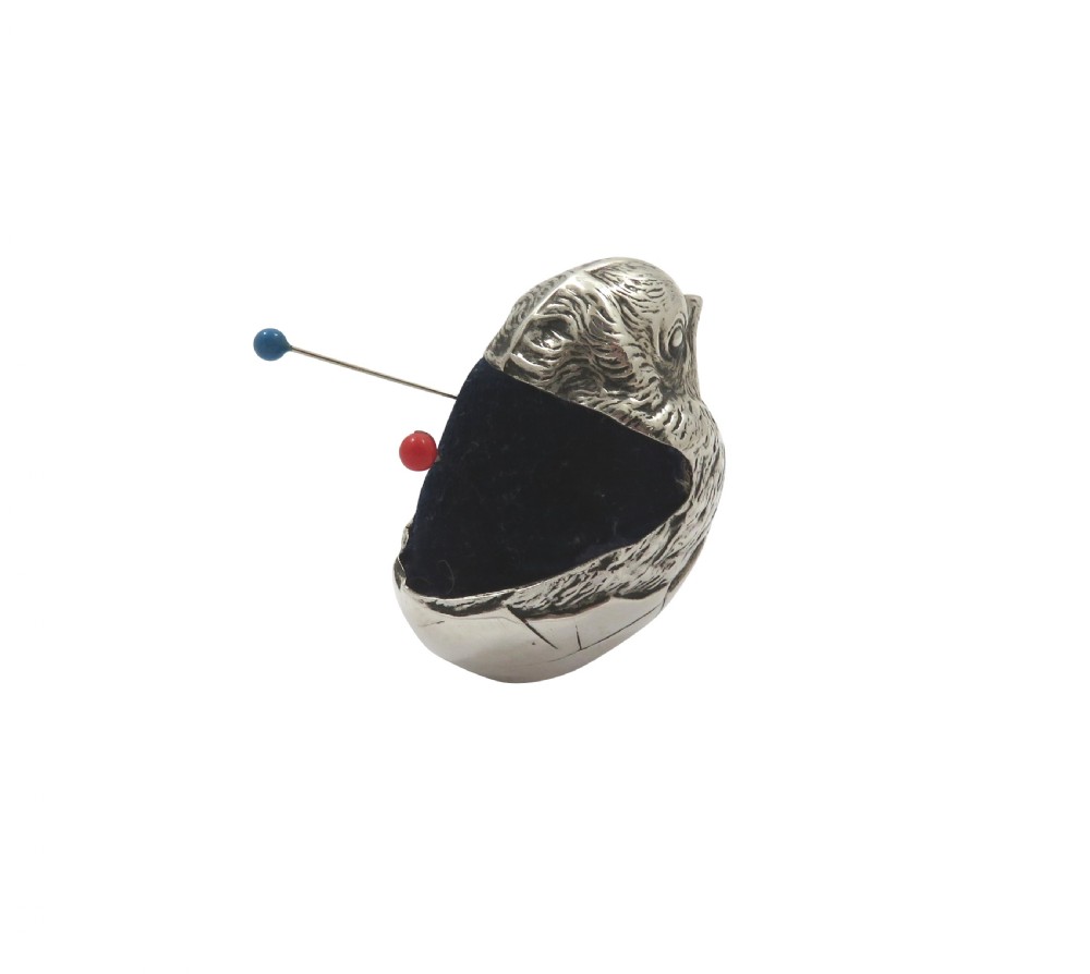 Antique Edwardian Sterling Silver Hatching Chick Pin Cushion 1907 View IV