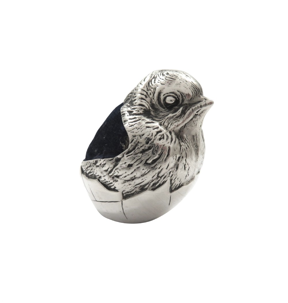 Antique Edwardian Sterling Silver Hatching Chick Pin Cushion 1907 View V