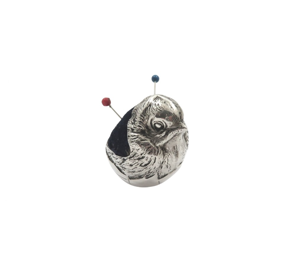 Antique Edwardian Sterling Silver Hatching Chick Pin Cushion 1907 View VI