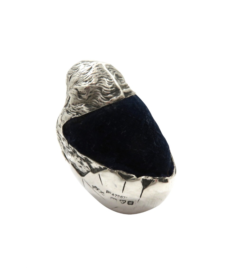 Antique Edwardian Sterling Silver Hatching Chick Pin Cushion 1907 View VII