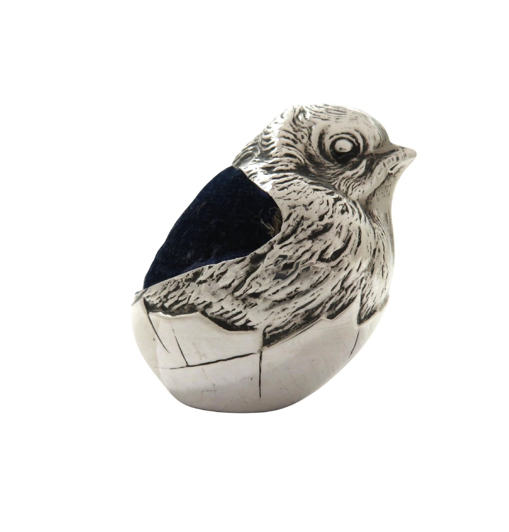 Antique Edwardian Sterling Silver Hatching Chick Pin Cushion 1907 View IX