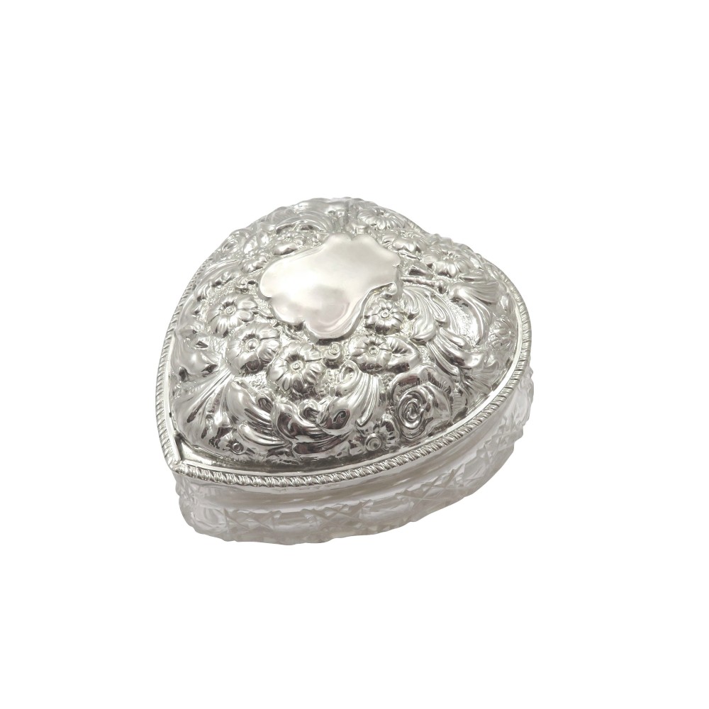Antique Edwardian Sterling Silver & Cut Glass Heart Box 1901