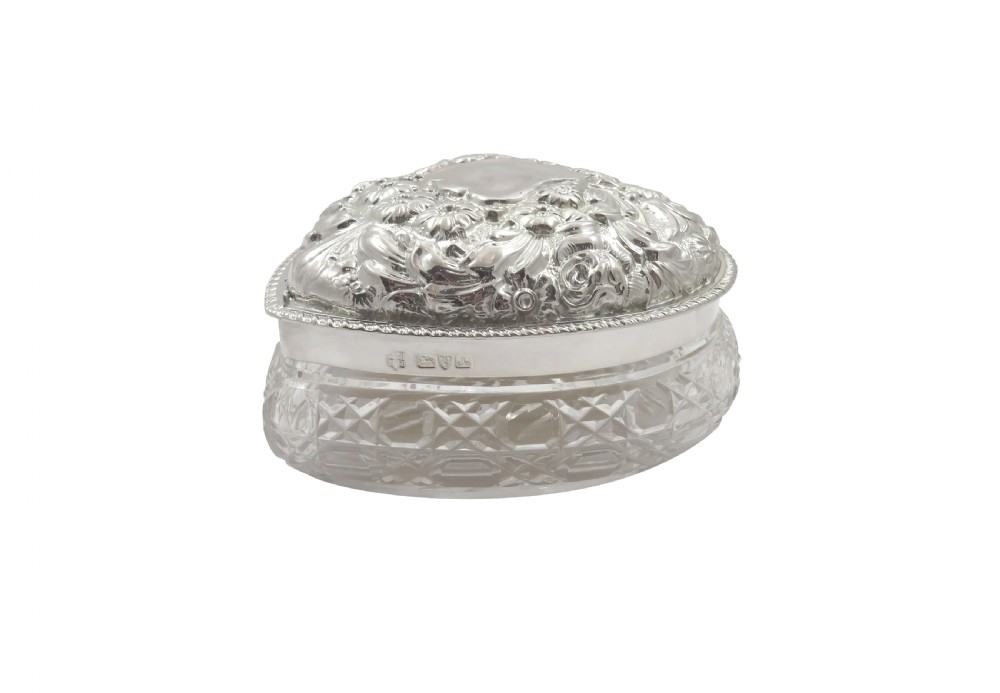 Antique Edwardian Sterling Silver & Cut Glass Heart Box 1901 View VII