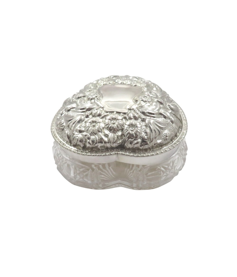 Antique Edwardian Sterling Silver & Cut Glass Heart Box 1901 View VIII