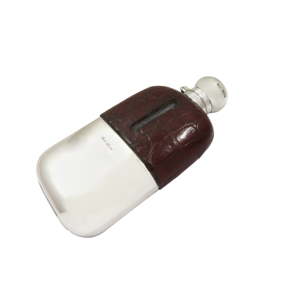 Antique Edwardian Sterling Silver & Crocodile Leather Hip Flask 1906