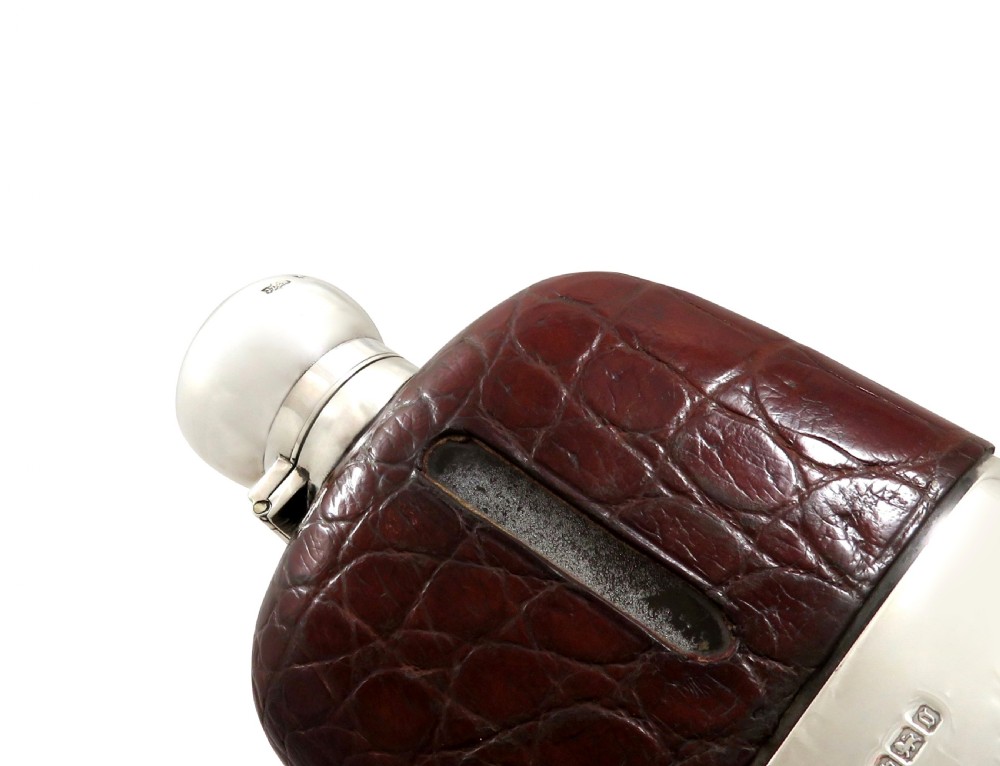 Antique Edwardian Sterling Silver & Crocodile Leather Hip Flask 1906 View V