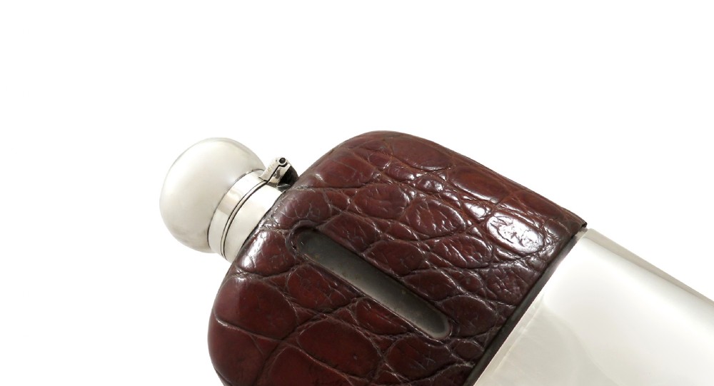 Antique Edwardian Sterling Silver & Crocodile Leather Hip Flask 1906 View VIII