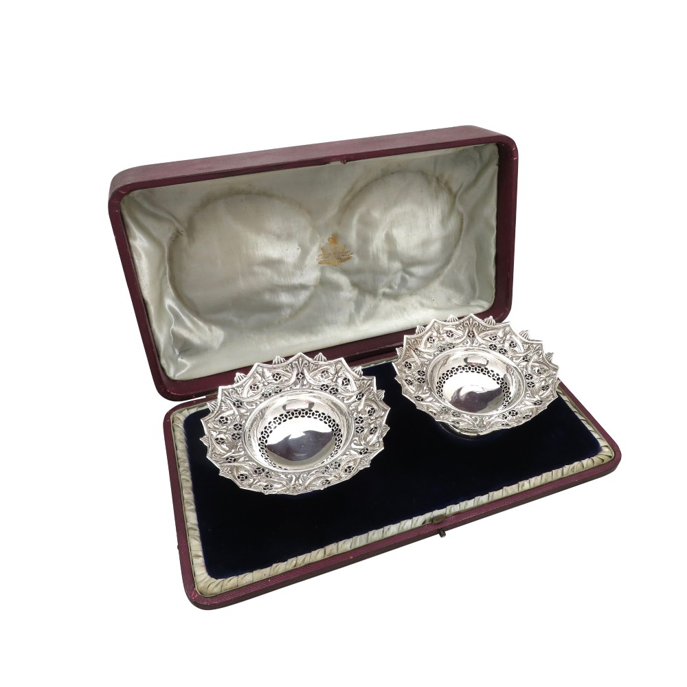 Pair of Antique Victorian Sterling Silver Dishes in Presentation Case 1897