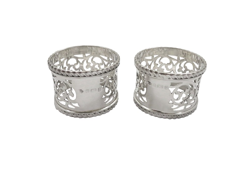Pair of Antique Edwardian Sterling Silver Napkin Rings in Case 1902 View II