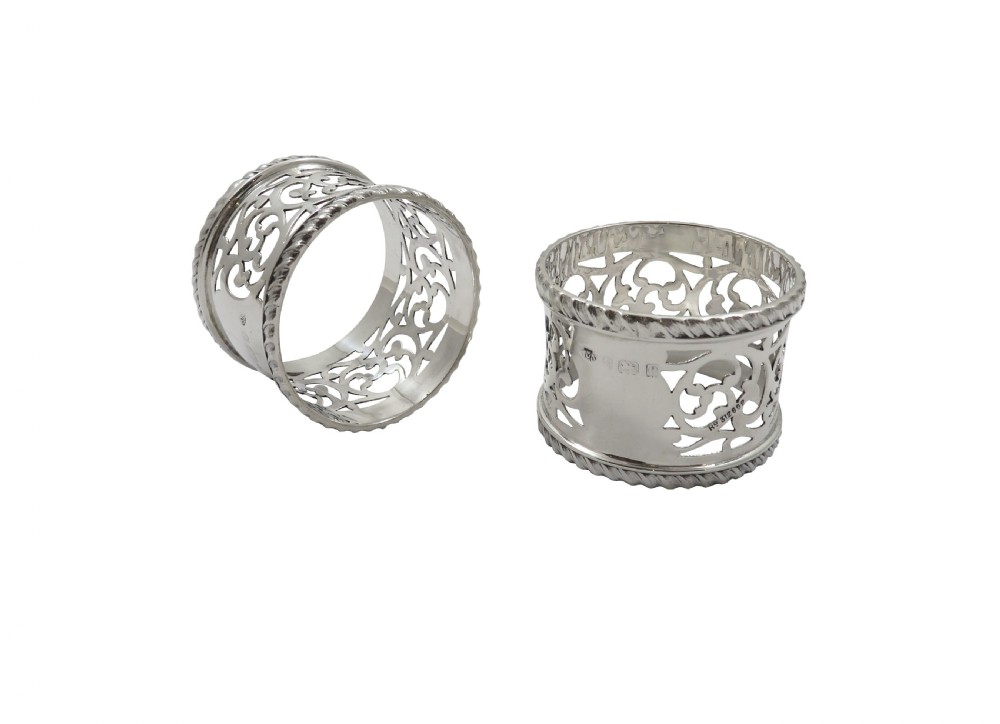Pair of Antique Edwardian Sterling Silver Napkin Rings in Case 1902 View V