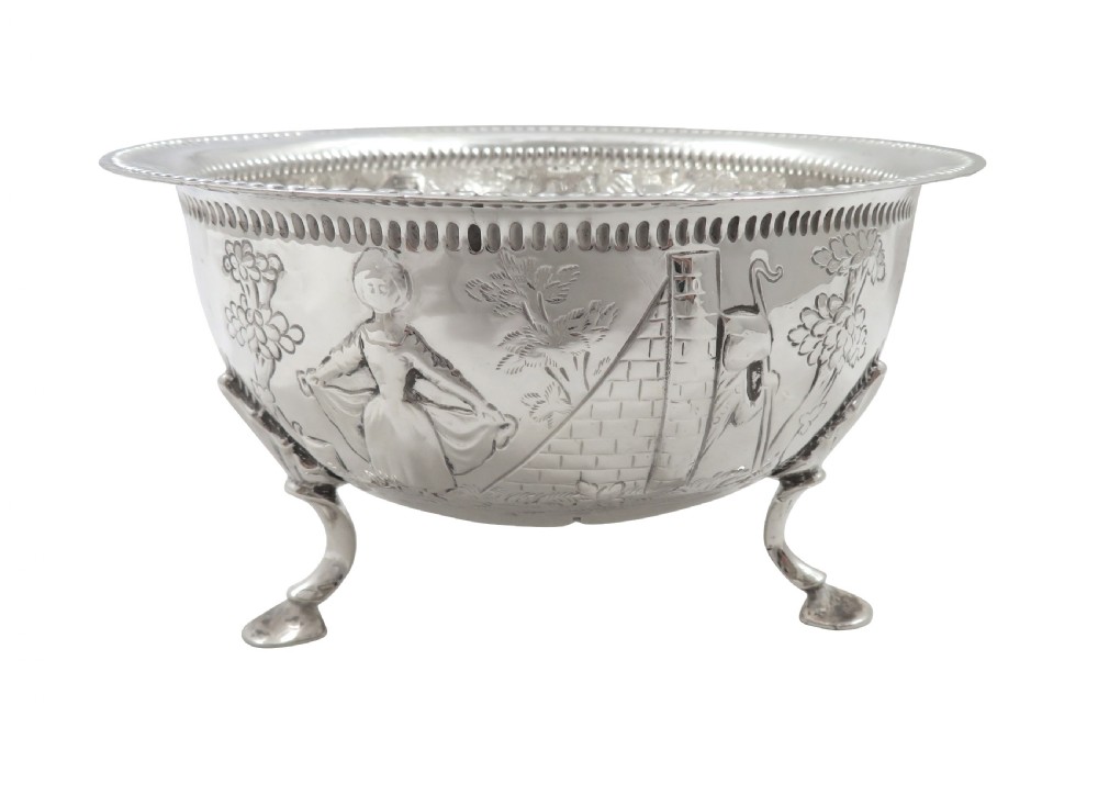 Antique Irish Sterling Silver Bowl with Scenes - Dublin 1914 View V