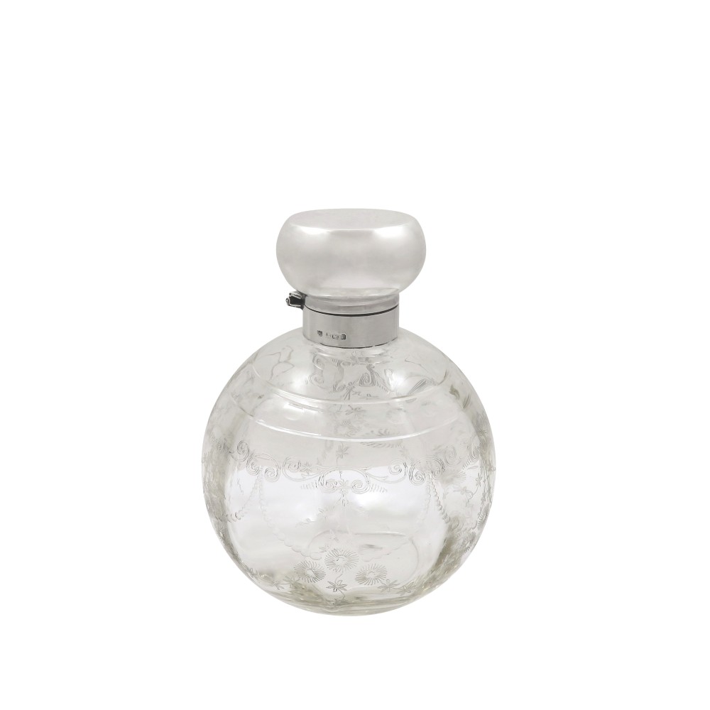 Antique George V Sterling Silver & Etched Glass Scent Bottle 1916