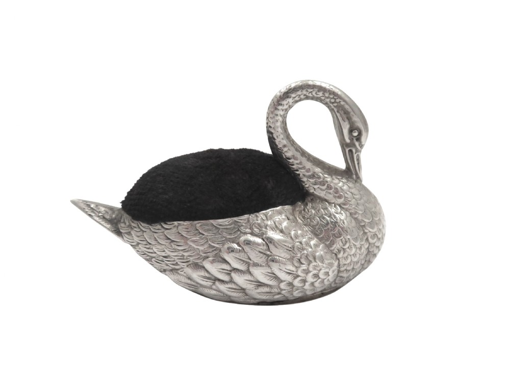 Antique George V Sterling Silver Swan Pin Cushion 1912 View III