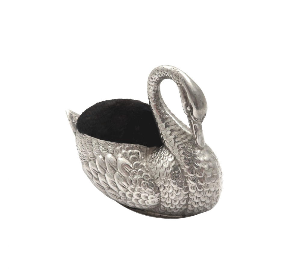 Antique George V Sterling Silver Swan Pin Cushion 1912 View IX