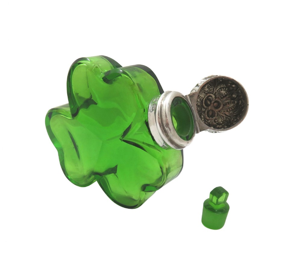 Antique Victorian Sterling Silver & Green Glass 'Clover' Scent / Perfume Bottle 1898 View III