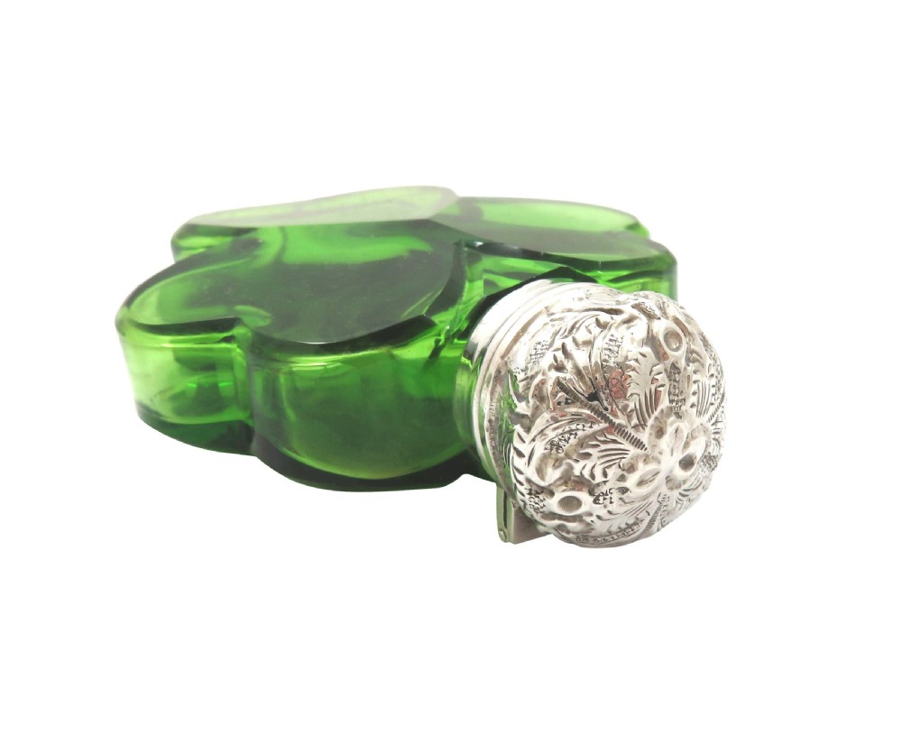 Antique Victorian Sterling Silver & Green Glass 'Clover' Scent / Perfume Bottle 1898 View IV
