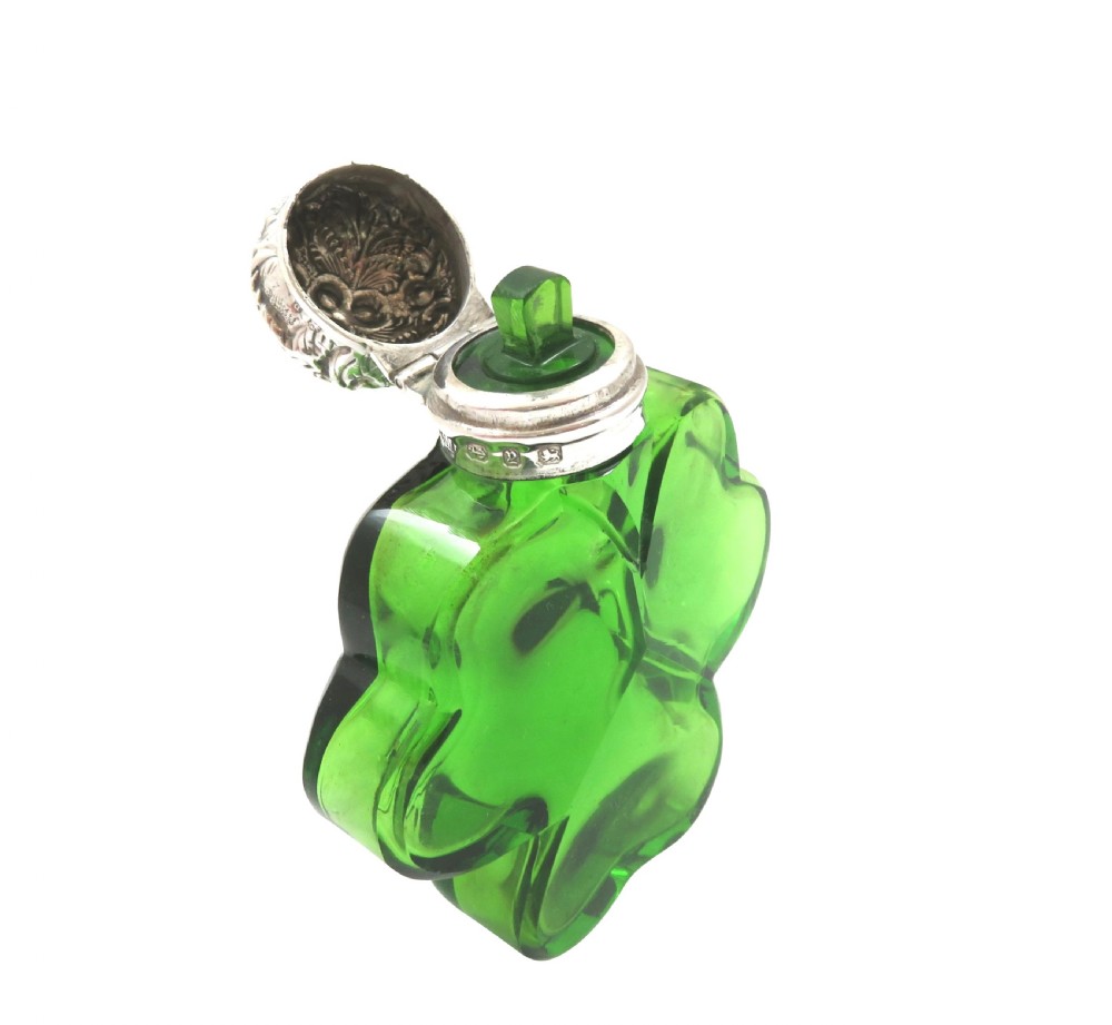 Antique Victorian Sterling Silver & Green Glass 'Clover' Scent / Perfume Bottle 1898 View V