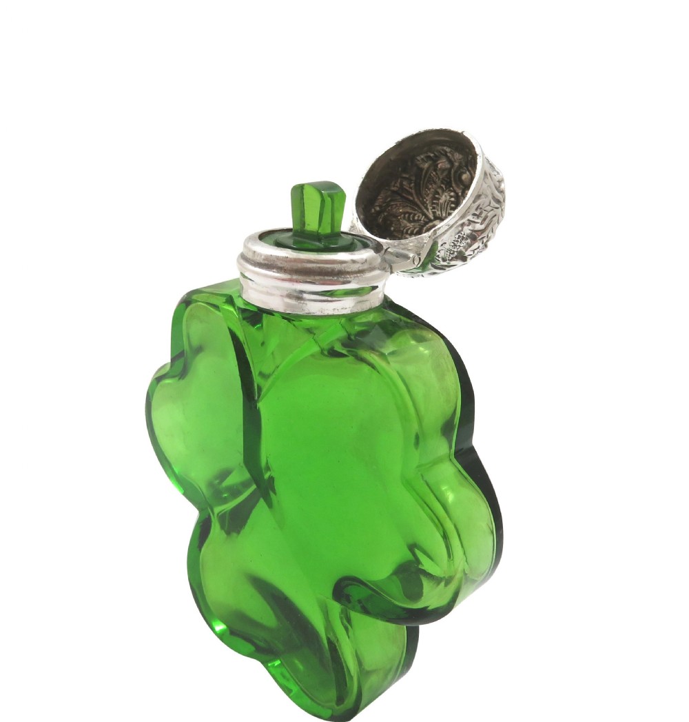 Antique Victorian Sterling Silver & Green Glass 'Clover' Scent / Perfume Bottle 1898 View VII