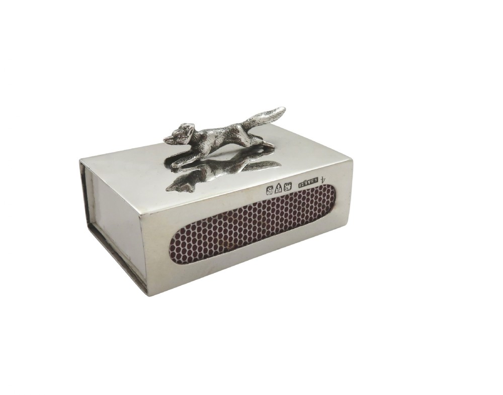 Unusual Antique Sterling Silver Fox Match Box Holder 1927 View VIII