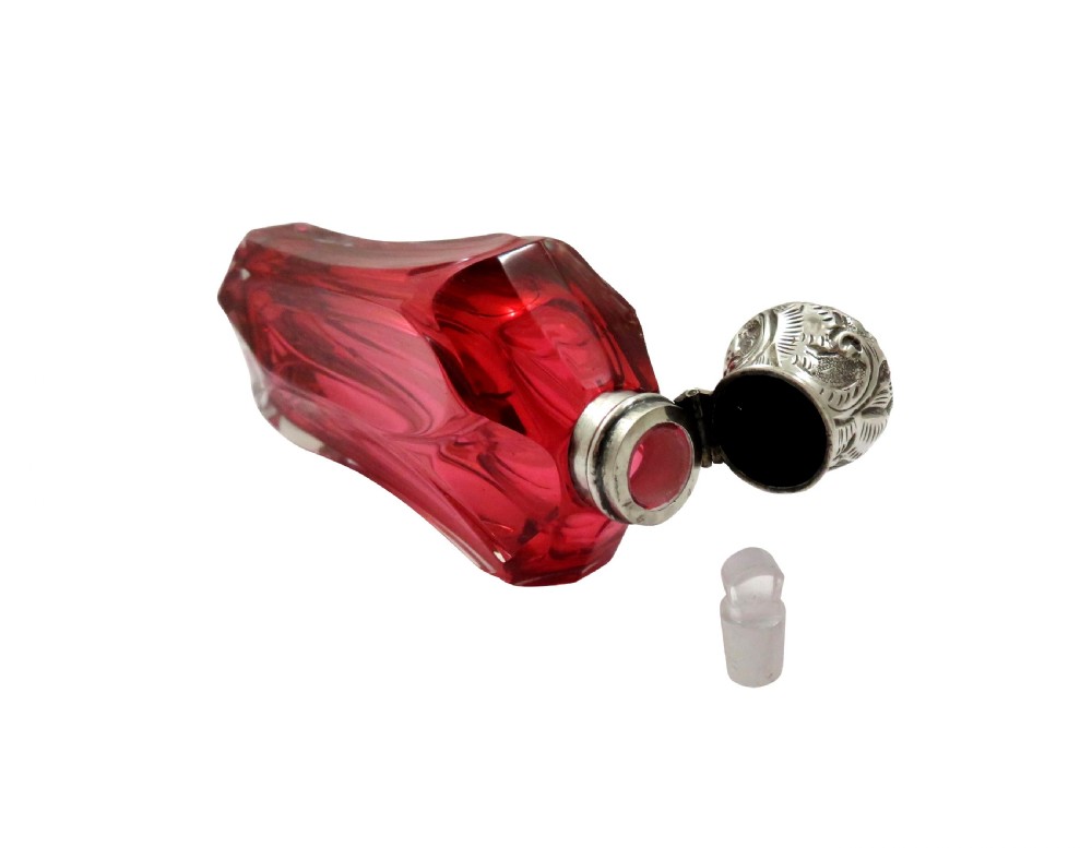 Antique Silver & Cranberry Glass Perfume / Scent Bottle c1890 View II