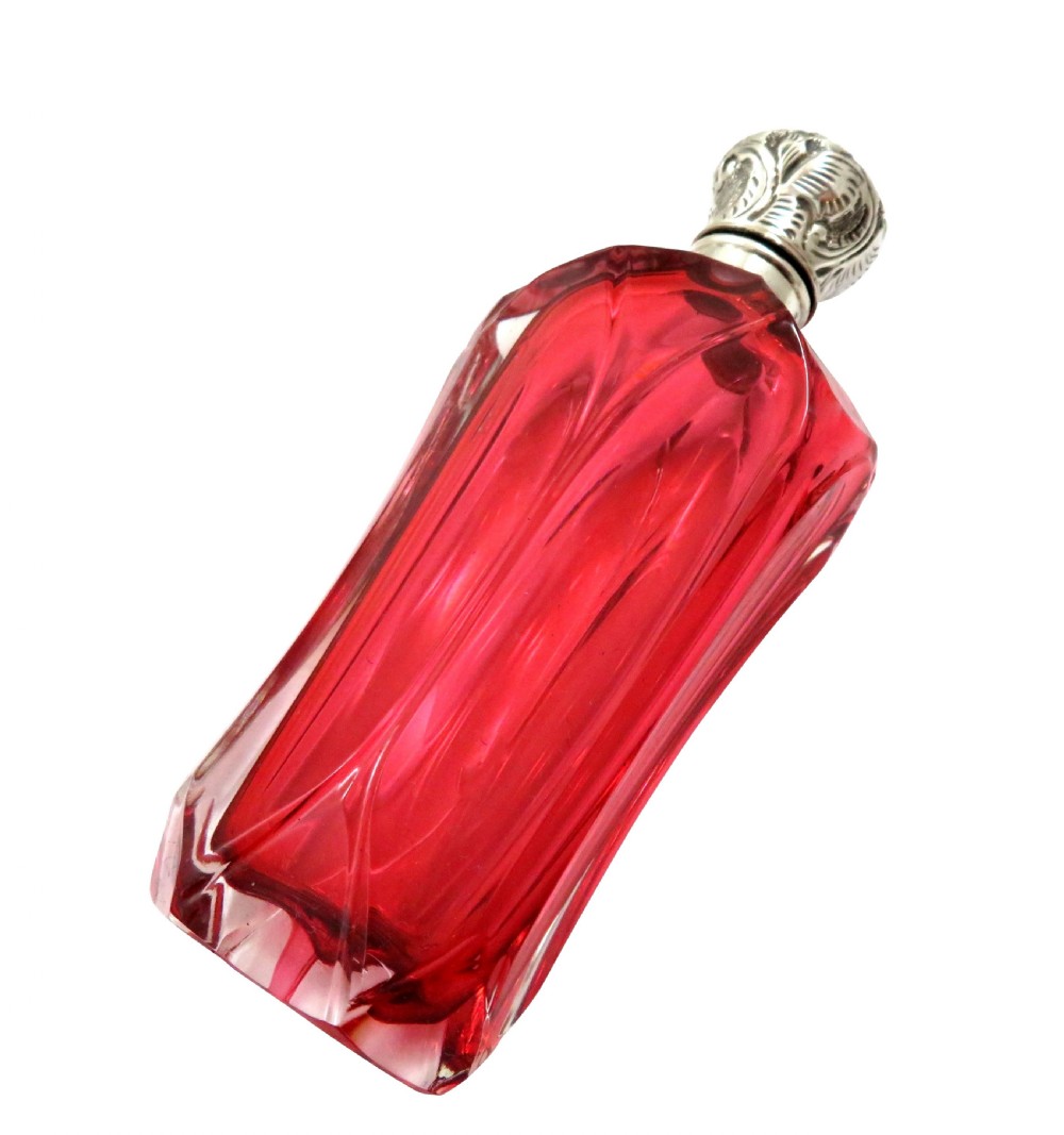 Antique Silver & Cranberry Glass Perfume / Scent Bottle c1890 View III