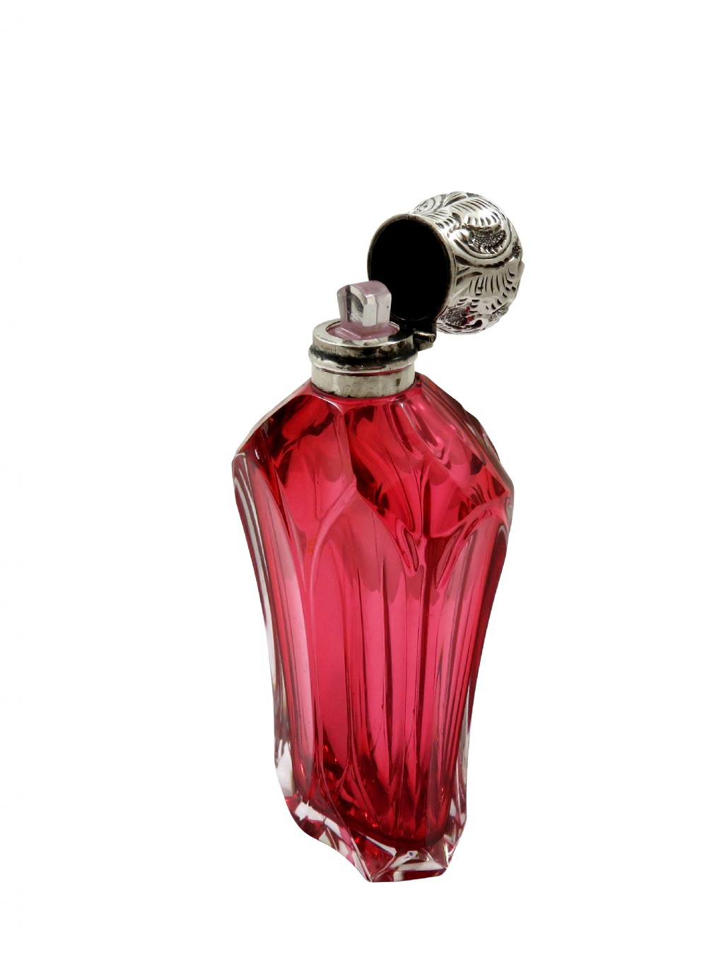 Antique Silver & Cranberry Glass Perfume / Scent Bottle c1890 View V