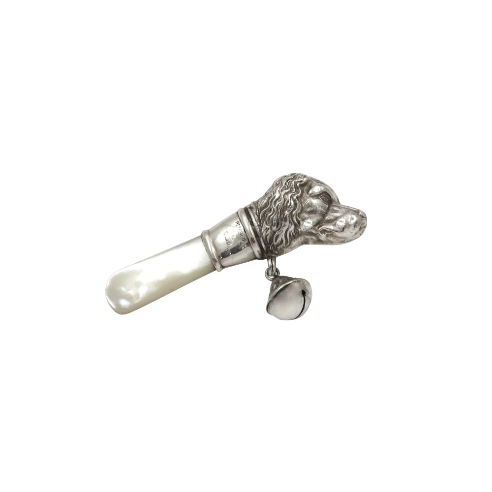 Antique George V Sterling Silver Dog Baby Rattle 1935
