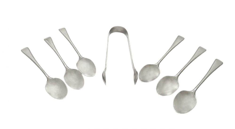 Set of 6 Antique Sterling Silver Teaspoons & Sugar Tongs in Case 1939 View III