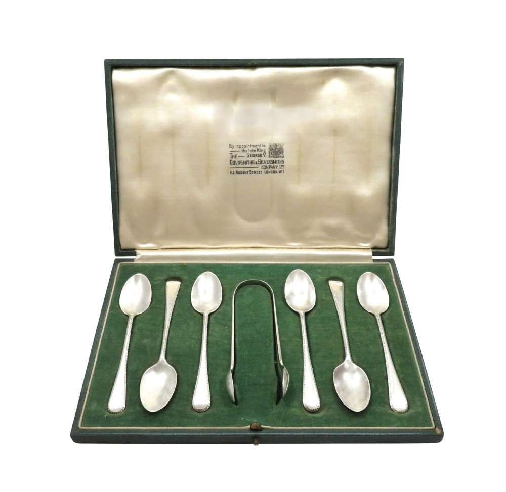 Set of 6 Antique Sterling Silver Teaspoons & Sugar Tongs in Case 1939 View X