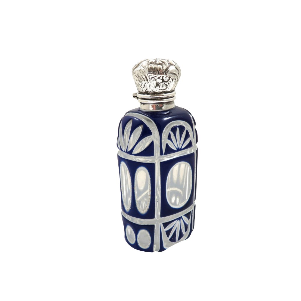 Antique Victorian Silver & Blue Cut Glass Scent / Perfume Bottle c1890
