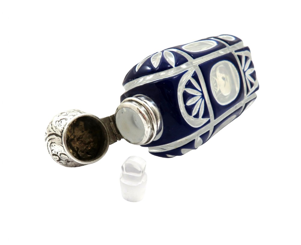 Antique Victorian Silver & Blue Cut Glass Scent / Perfume Bottle c1890 View II