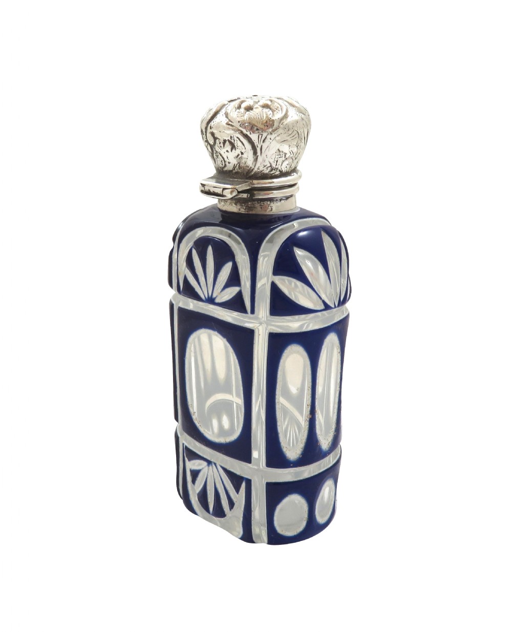 Antique Victorian Silver & Blue Cut Glass Scent / Perfume Bottle c1890 View III