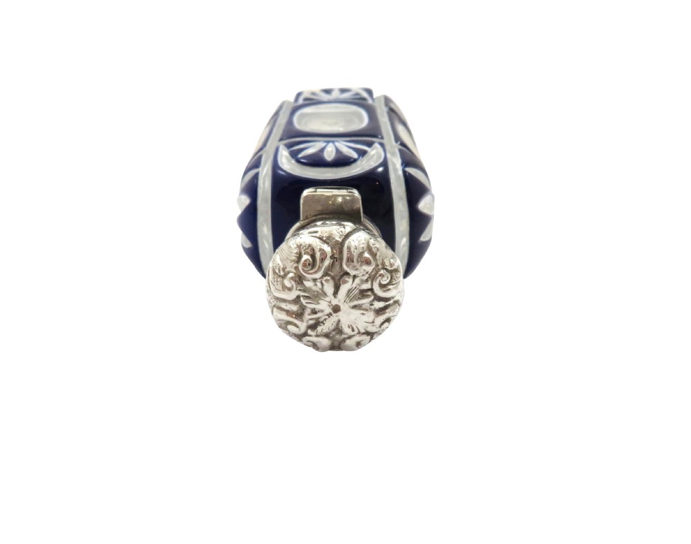 Antique Victorian Silver & Blue Cut Glass Scent / Perfume Bottle c1890 View V