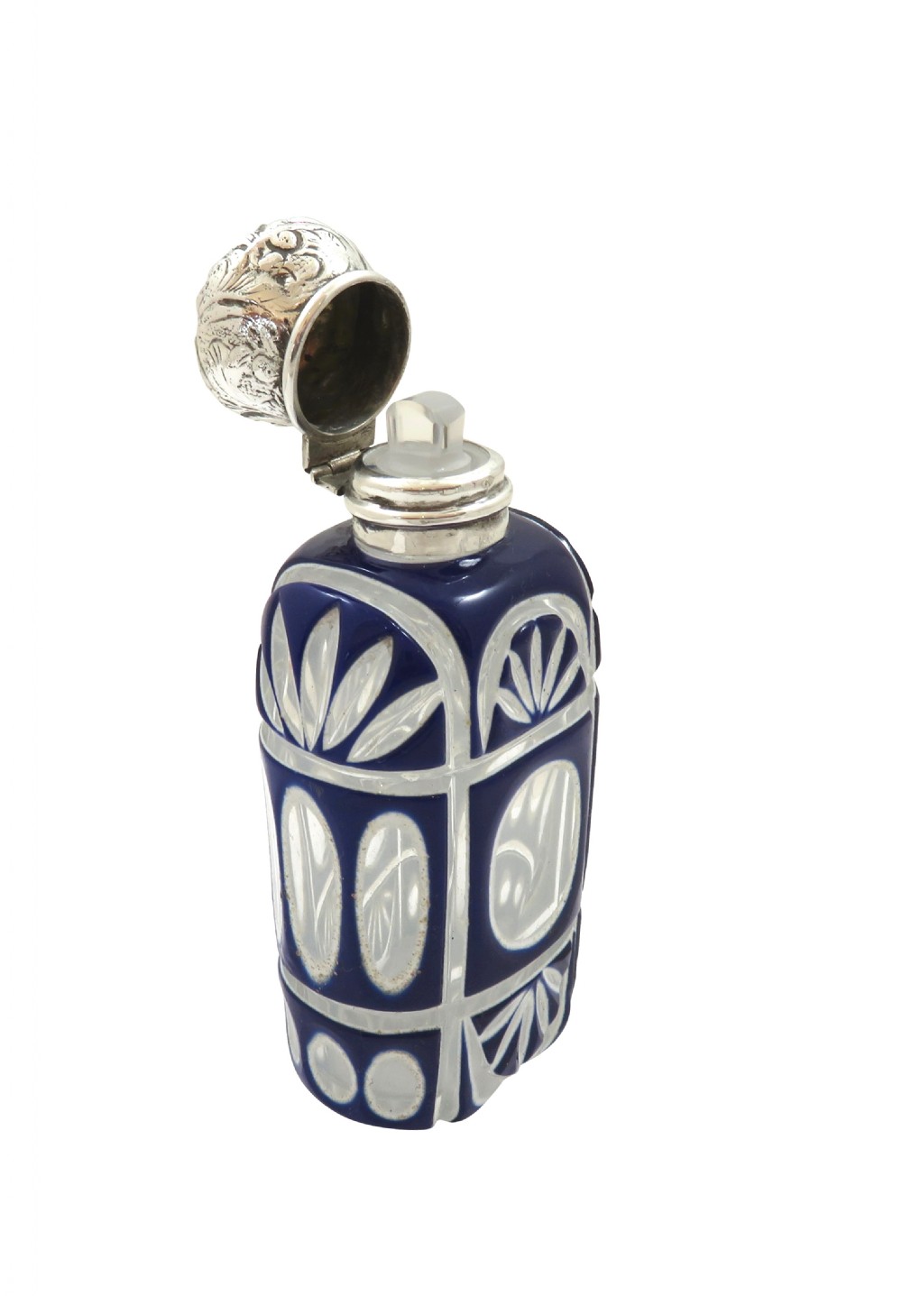 Antique Victorian Silver & Blue Cut Glass Scent / Perfume Bottle c1890 View VI