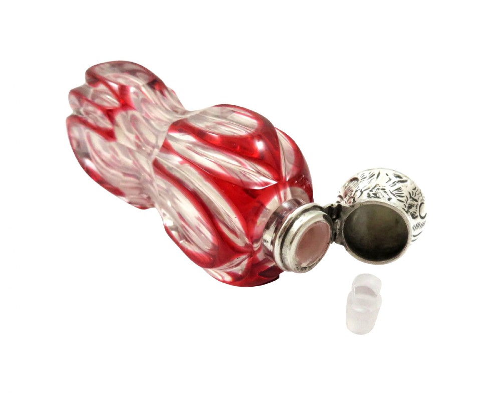 Antique Silver & Red Overlay Cut Glass Scent / Perfume Bottle c1890 View II