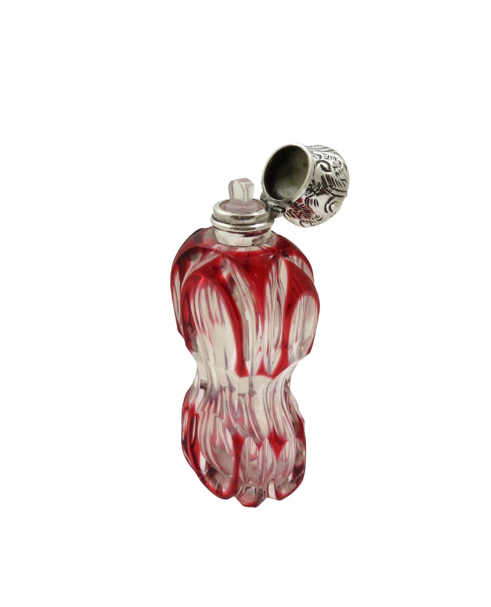 Antique Silver & Red Overlay Cut Glass Scent / Perfume Bottle c1890 View IV