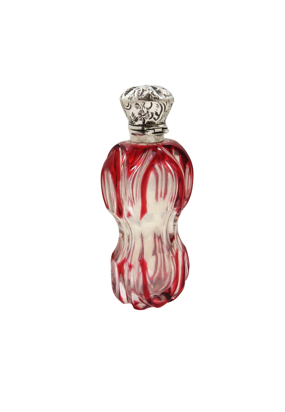 Antique Silver & Red Overlay Cut Glass Scent / Perfume Bottle c1890 View V