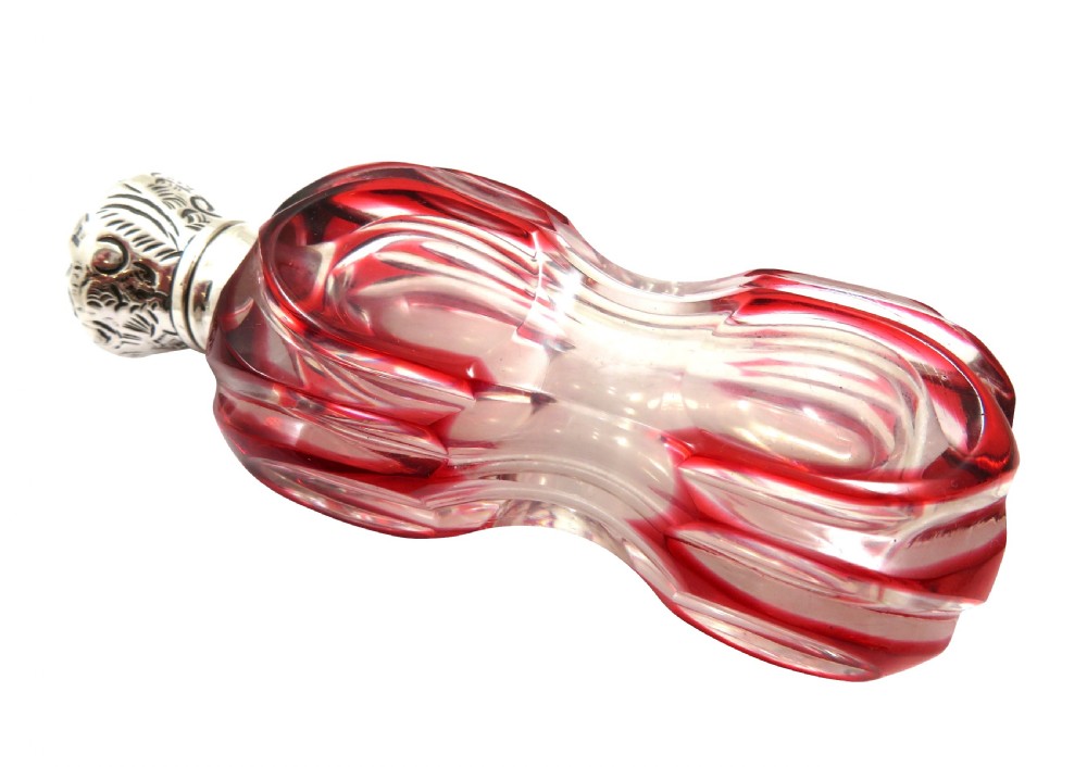 Antique Silver & Red Overlay Cut Glass Scent / Perfume Bottle c1890 View VI