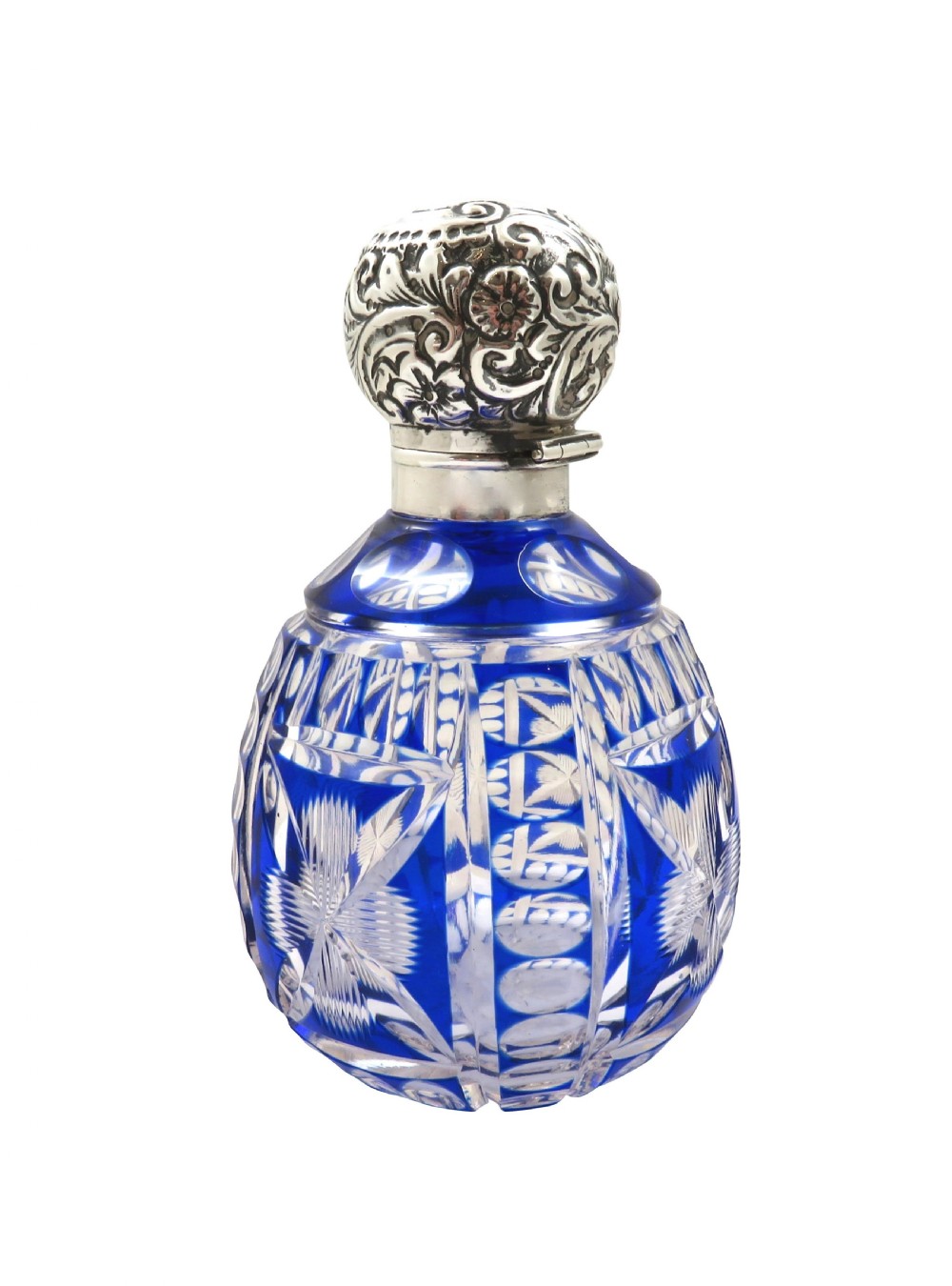 Antique Victorian Sterling Silver & Blue Overlay Glass Scent / Perfume Bottle 1900 View V