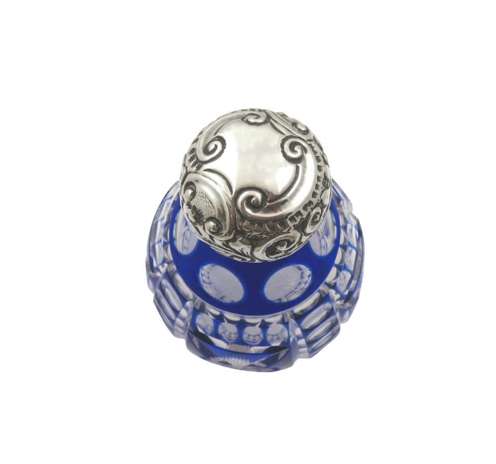 Antique Victorian Sterling Silver & Blue Overlay Glass Scent / Perfume Bottle 1900 View VI