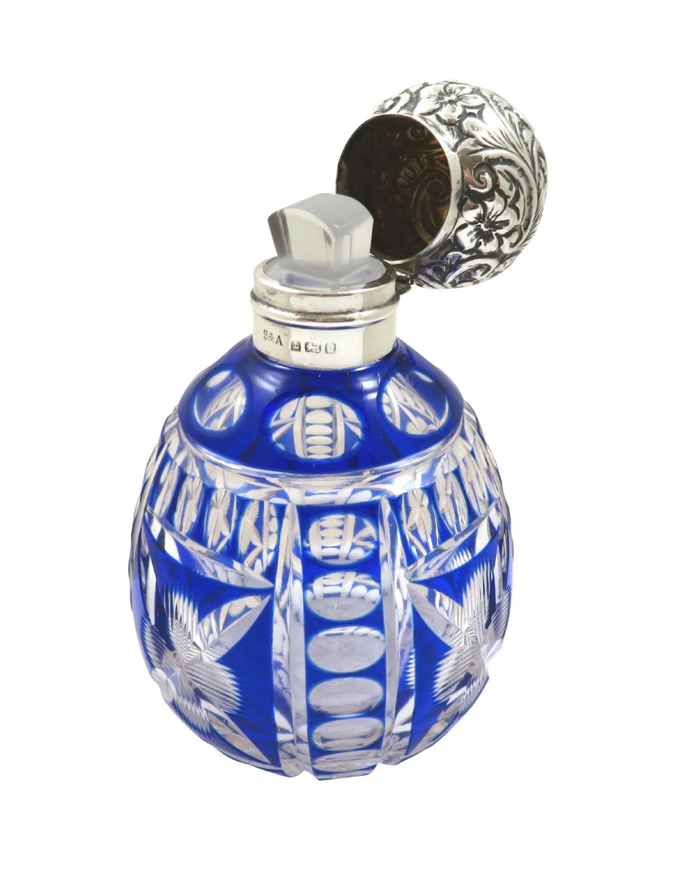 Antique Victorian Sterling Silver & Blue Overlay Glass Scent / Perfume Bottle 1900 View VII