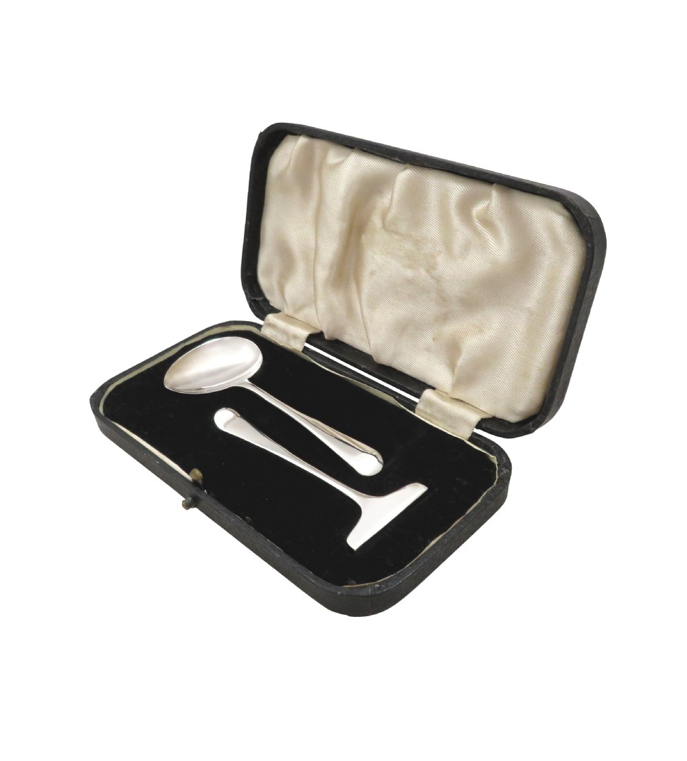 Antique George VI Sterling Silver Spoon & Pusher Set in Case View IX