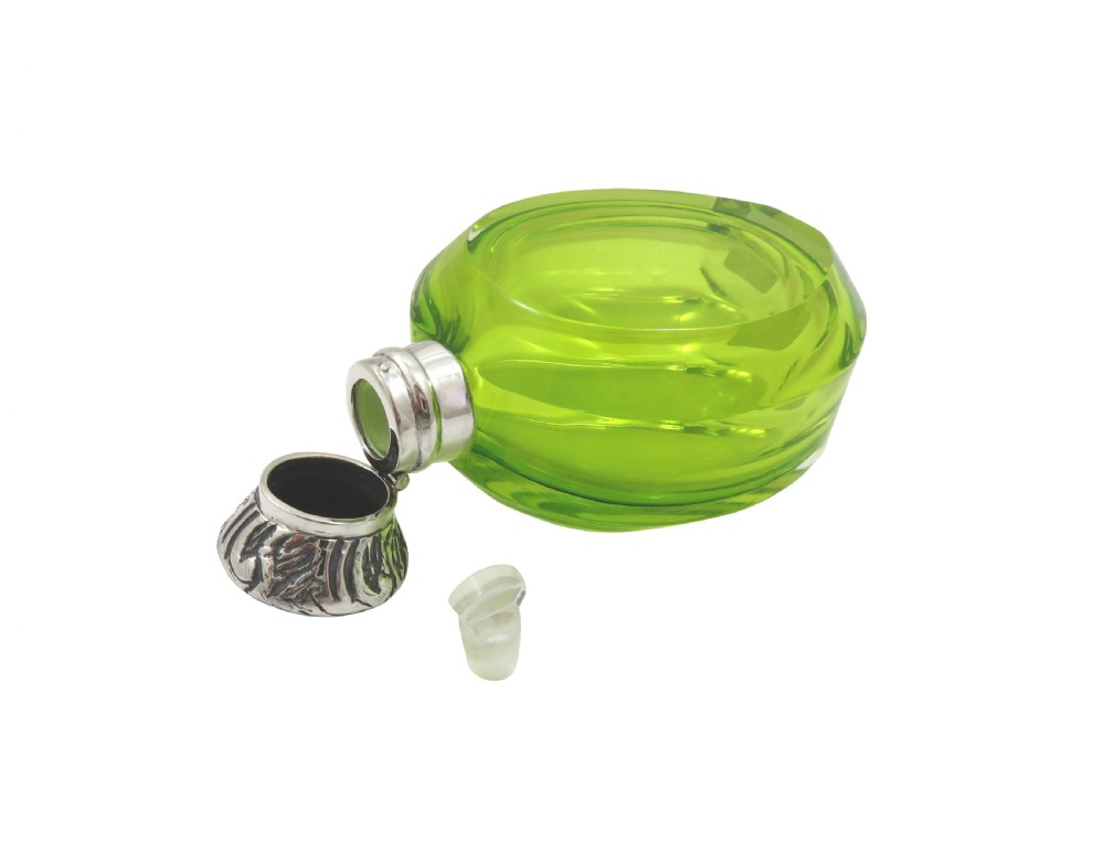 Antique Silver & Lime Green Glass Scent/Perfume Bottle c1890 View IV